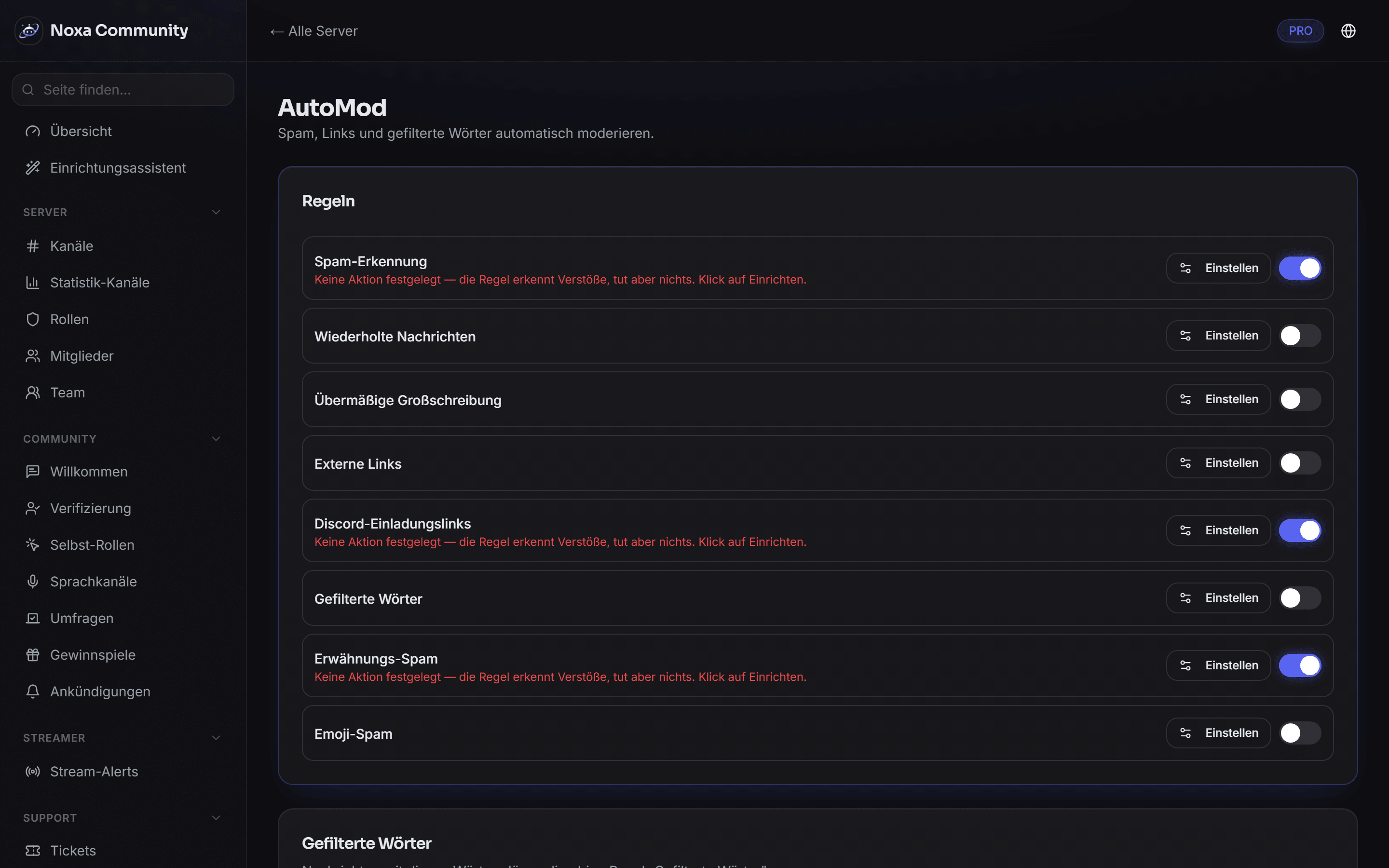 AutoMod-Einstellungen im Noxa-Dashboard: Regeln gegen Spam, Links und Wortfilter mit einstellbaren Maßnahmen.