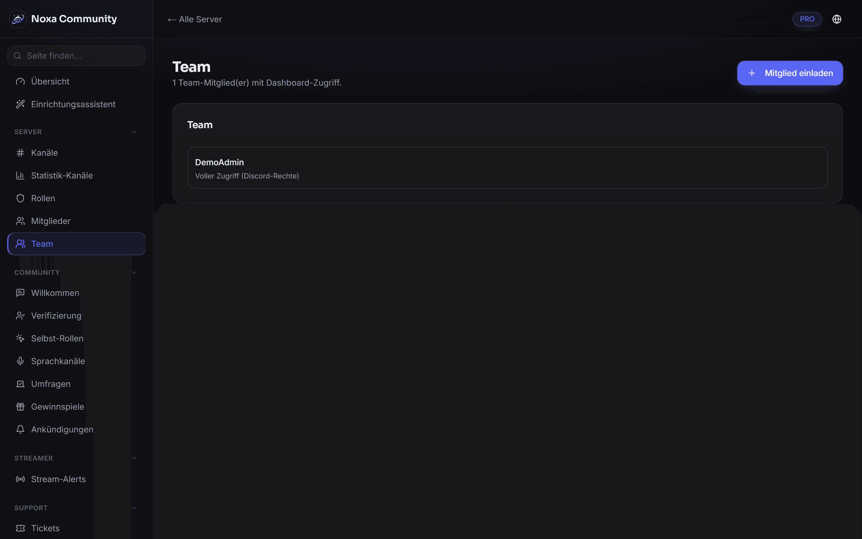 Team-Verwaltung im Noxa-Dashboard: Mitglieder des Teams mit ihrem Rang und den einzeln vergebenen Berechtigungsbereichen.