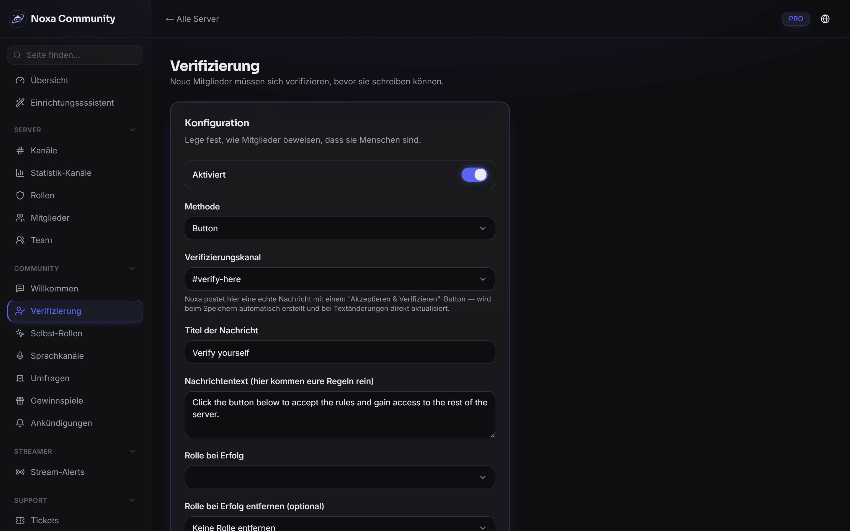 Verifizierungs-Einstellungen im Noxa-Dashboard: Methode, Kanal und die Rolle, die verifizierte Mitglieder erhalten.