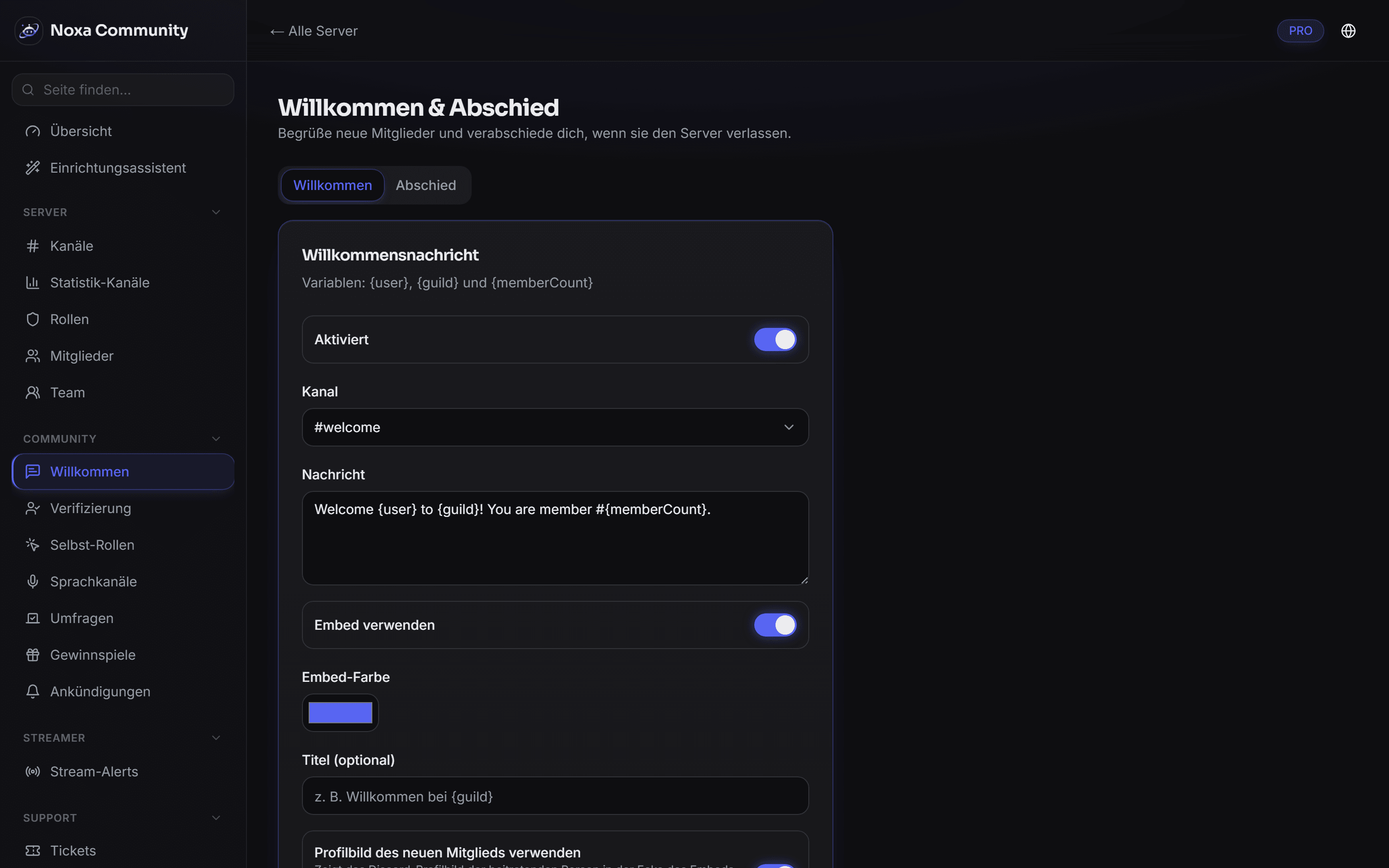 Willkommensnachrichten im Noxa-Dashboard: Begrüßungstext mit Variablen und Vorschau.