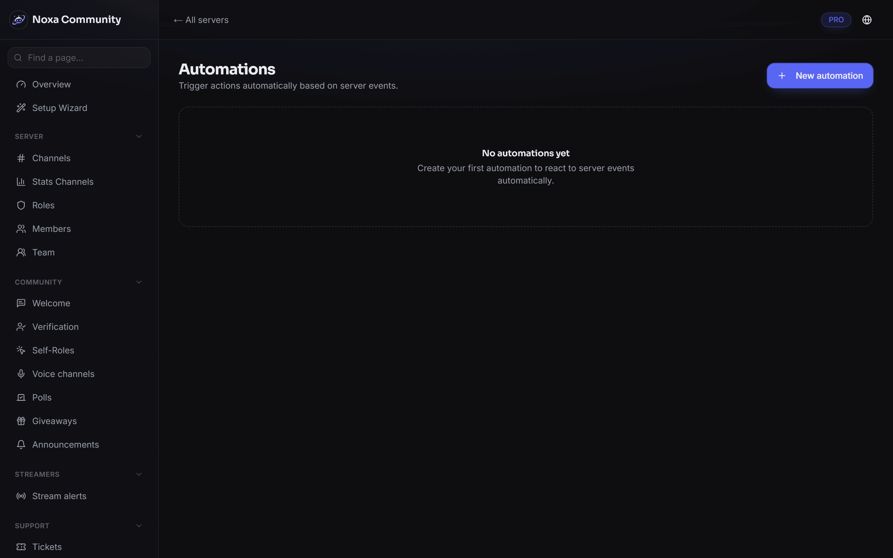 Automations overview in the Noxa dashboard: rules built from a trigger, a condition and an action.