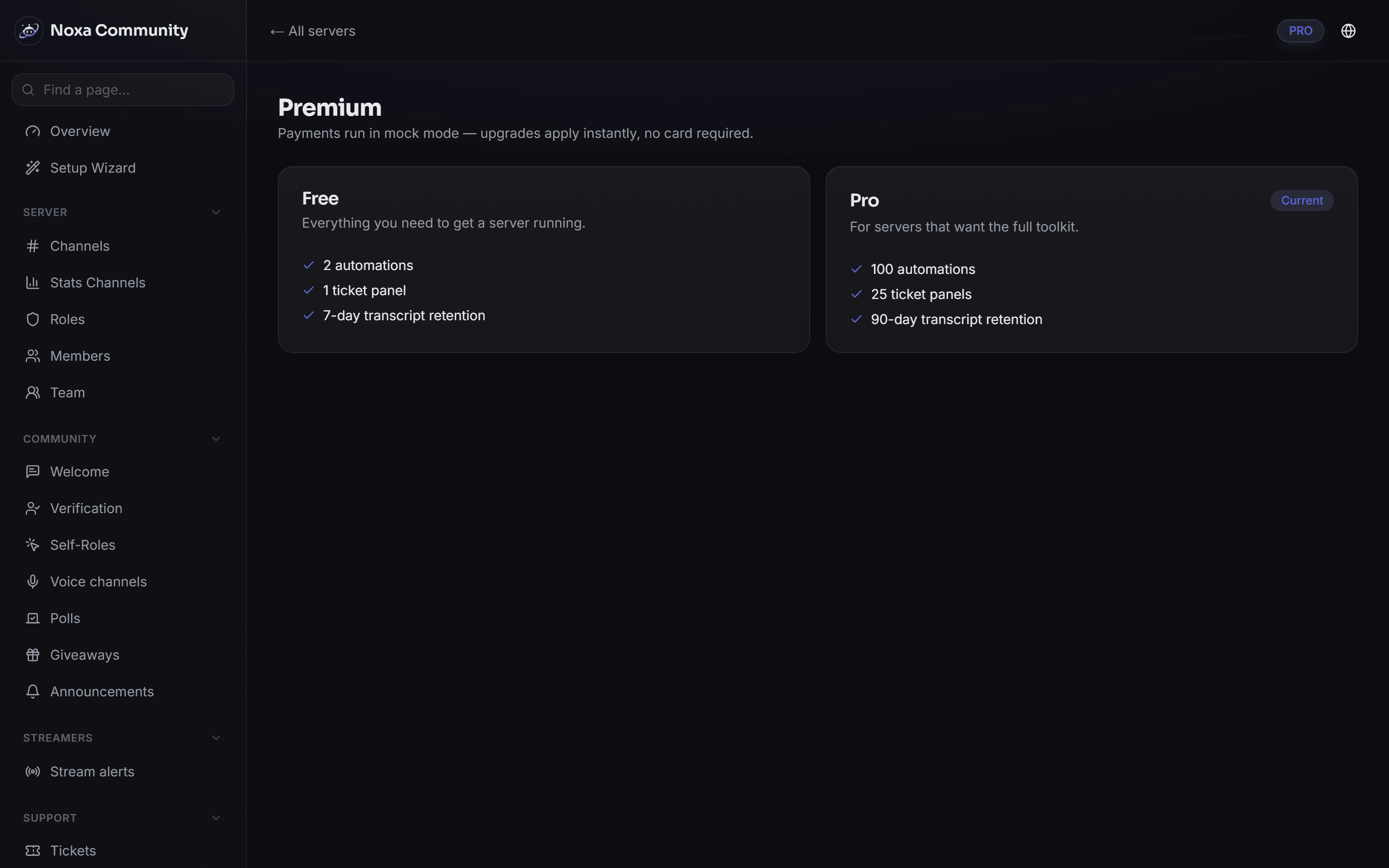 Premium management in the Noxa dashboard: current plan, billing interval and the customer portal.