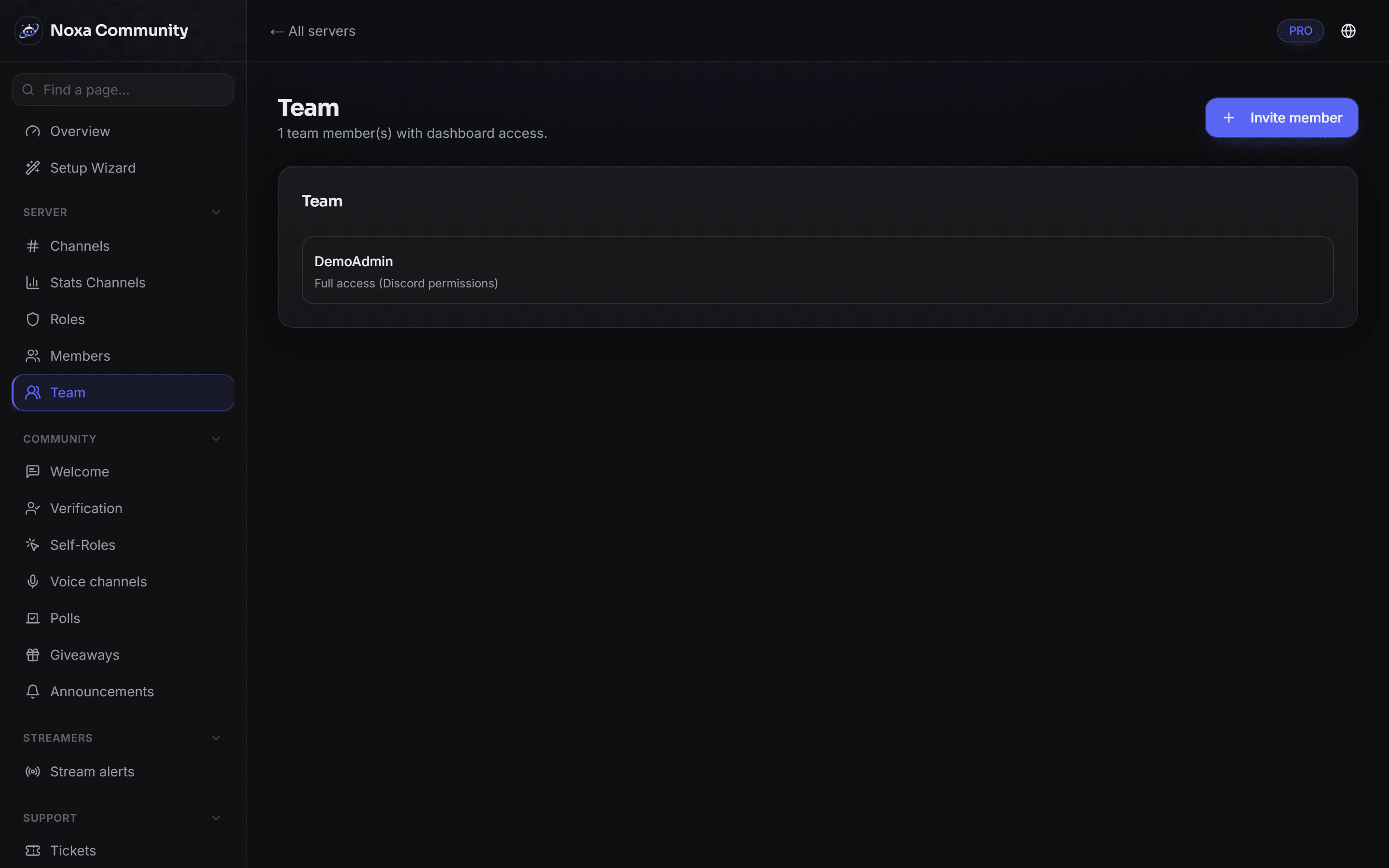 Team management in the Noxa dashboard: team members with their rank and the individually granted permission scopes.