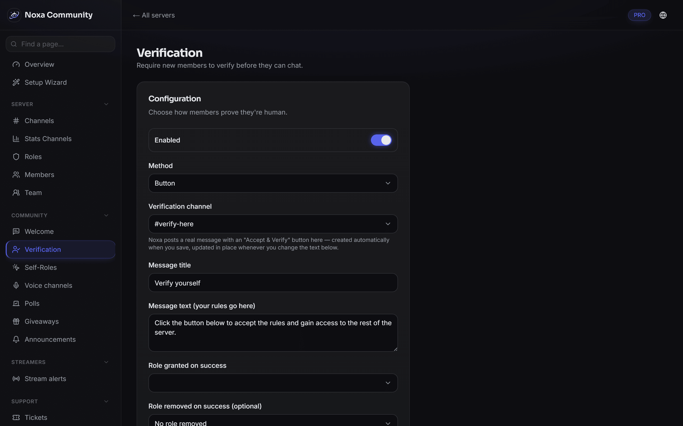 Verification settings in the Noxa dashboard: method, channel and the role verified members receive.