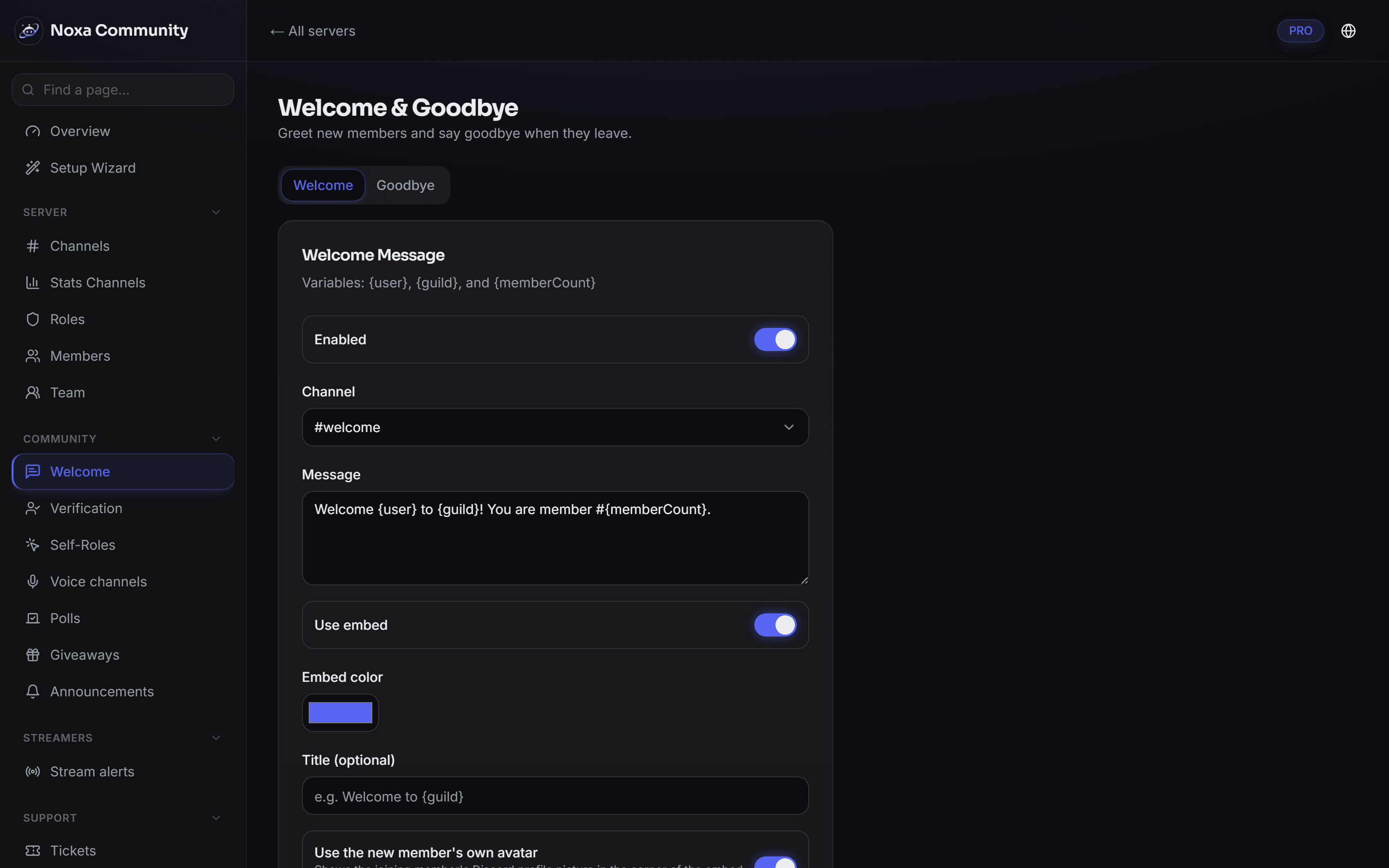 Welcome messages in the Noxa dashboard: greeting text with variables and a live preview.